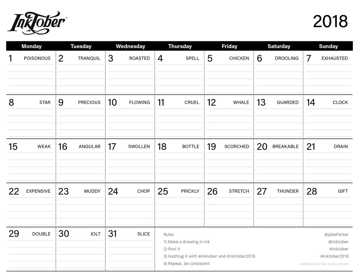 CoreyZev's tweet image. I&apos;m going to try and level up my drawing game this #inktober. So I made a desk calendar to use. 

Here&apos;s the PDF: bitly.com/2ItekwJ

#Inktober2018