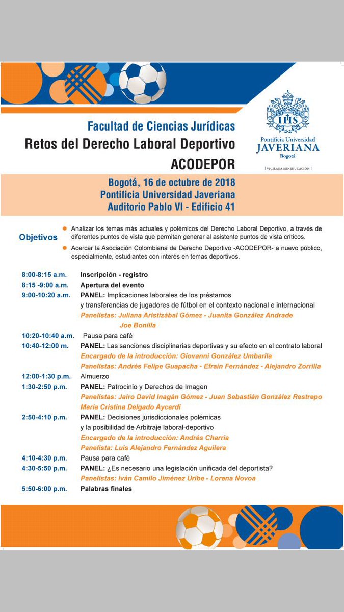 ACODEPOR_'s tweet photo. Los invitamos a nuestro próximo evento “Retos del Derecho Laboral Deportivo” en la @UniJaveriana. Esperamos que nos puedan acompañar! https://t.co/aTJIHYvDWm