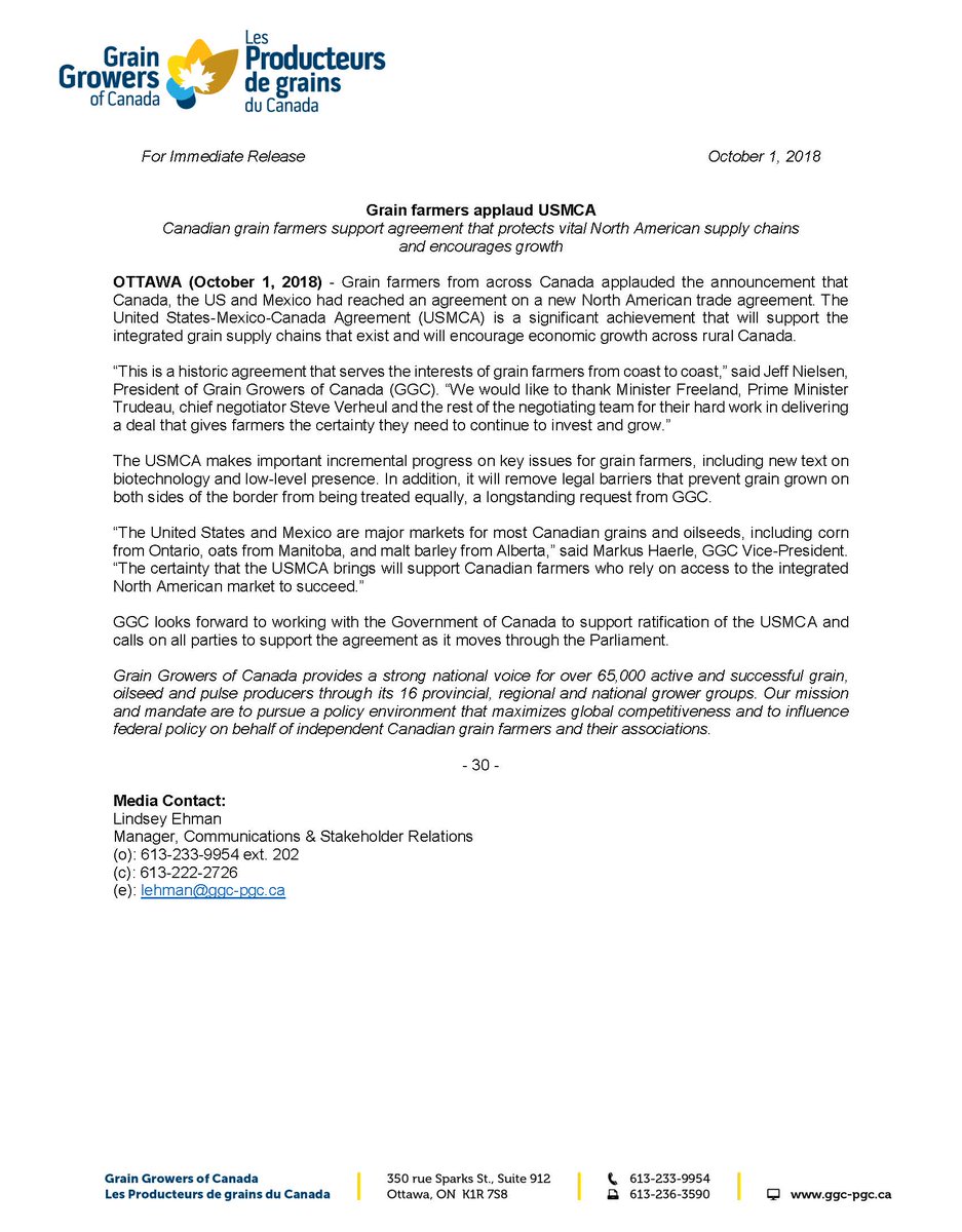 GrainGrowers's tweet photo. Release: Grain farmers applaud #USMCA #cndag #cdnpoli https://t.co/K2ZhsD6lQ1 https://t.co/JXMQ622Ffn