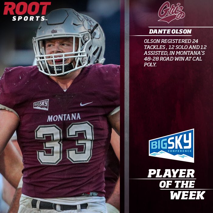 Big Sky Football (@bigskyfb) on Twitter photo Congrats to <a href="/MontanaGrizFB/">Montana Griz Football</a>’s Dante Olson the #BigSkyFB <a href="/ROOTSPORTS_NW/">ROOT SPORTS™ | NW</a> Defensive Player of the Week🏈 Congrats to <a href="/MontanaGrizFB/">Montana Griz Football</a>’s Dante Olson the #BigSkyFB <a href="/ROOTSPORTS_NW/">ROOT SPORTS™ | NW</a> Defensive Player of the Week🏈