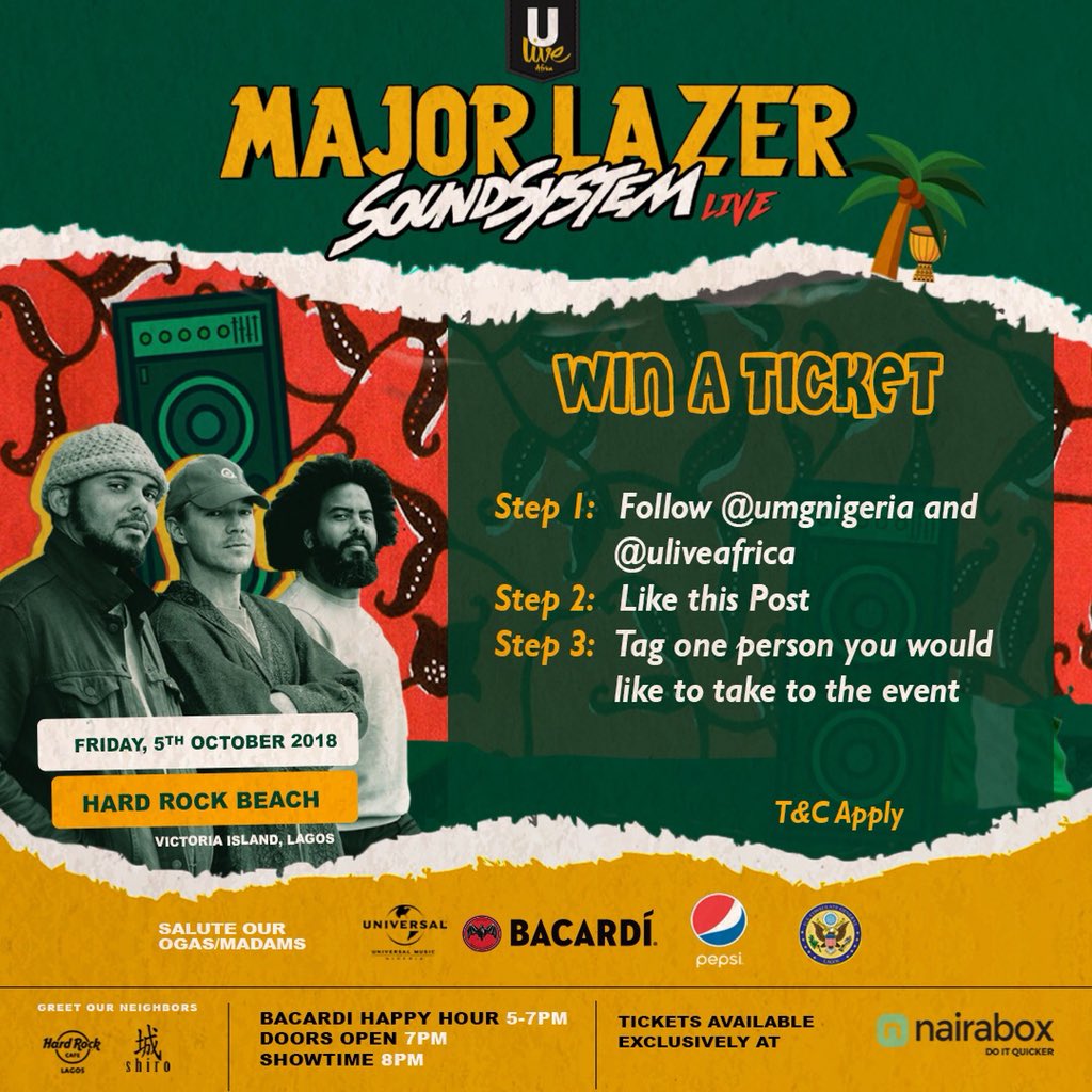 UMGNigeria's tweet photo. Hereโs a chance to win a ticket to @MAJORLAZERโs Soundsystem Live in Lagos!! All you have to do is follow these easy steps!!
Winners will be selected at random ๐๐ฝ
#majorlazerinlagos #majorlazersoundsystemlive #umgnigeria #uliveafrica https://t.co/cInf21JXSL