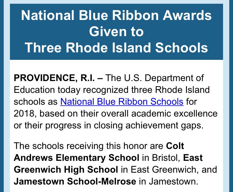 RIDeptEd's tweet photo. Congratulations to Rhode Island’s exceptional Blue Ribbon Schools! Great work, @BWRSD @EGHSmatters and @JSDNews! https://t.co/eQU2xtBbcM