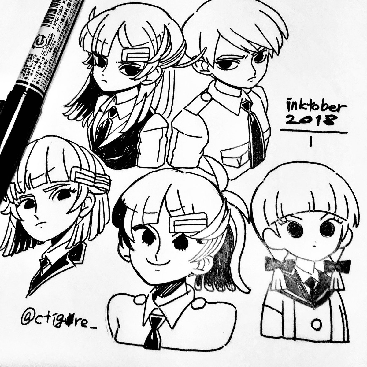 #inktober  記憶ないぶりに紙に絵書いた ムフー♡  ミスケとコチヒコ 