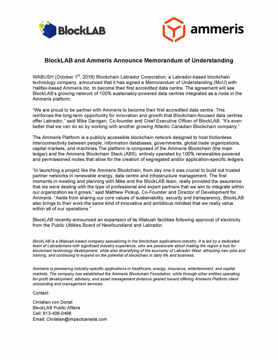 Block_Lab's tweet photo. BlockLAB announces MoU with Ammeris - an atlantic Canadian company that has long pursued to breakdown the boundaries b/w the world of business and the blockchain community https://t.co/7SDQLtSzZ3