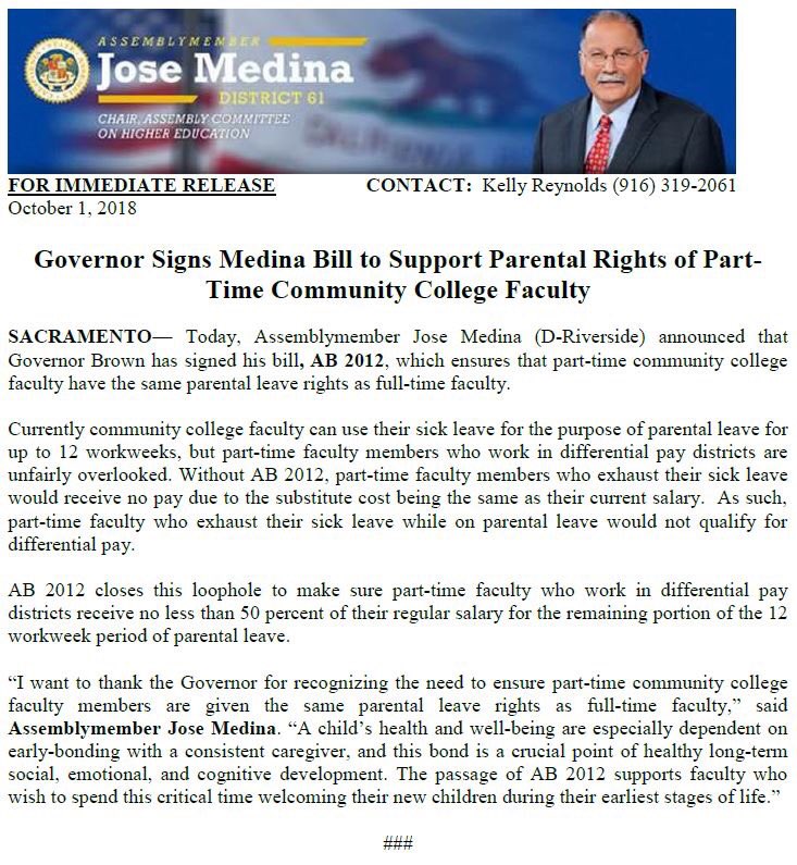 AsmJoseMedina's tweet photo. Proud to announce that the Governor signed #AB2012 to support the parental rights of part-time community college faculty! https://t.co/BuCChaPVuO