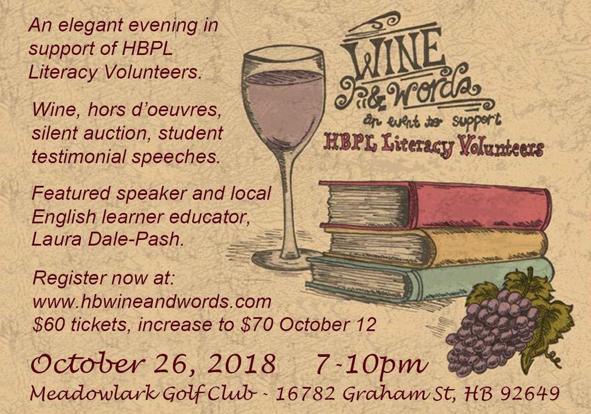 literacyhbpl's tweet photo. @literacyhbpl wonderful #winetasting Fundraiser coming up. Please share this post in your timeline and help us spread the word. Thanks! #wineandwords2018 in @HB_Surf_City https://t.co/LXZL5bfJ84