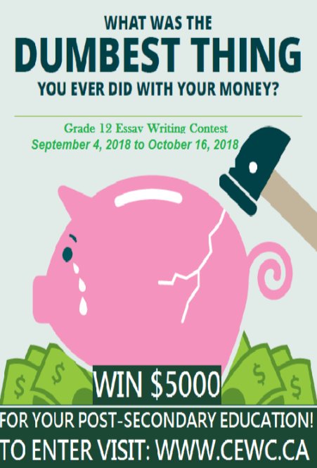SkgScholarships's tweet photo. Grade 12 students: What is the dumbest thing you've done with your money?! Write an essay about it and have a chance at winning $500 to $5000.  Over 20 prizes to be won. https://t.co/gsNBUtWLNT #moneyforschool #essaycontest https://t.co/Slcg7n0CHd