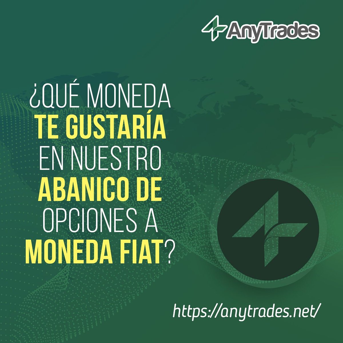AnyTradesInc's tweet photo. Queremos conocer tu opinión 😊
We want to know your opinion😊 "Wich currencie would you like to be listed in our service?" https://t.co/qwhCZxeFav