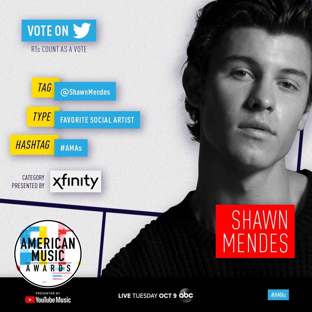 AMAs's tweet photo. Voting for Favorite Social Artist presented by @Xfinity closes this Thursday. RT to vote for @ShawnMendes! #AMAs https://t.co/oqWpjblAzH