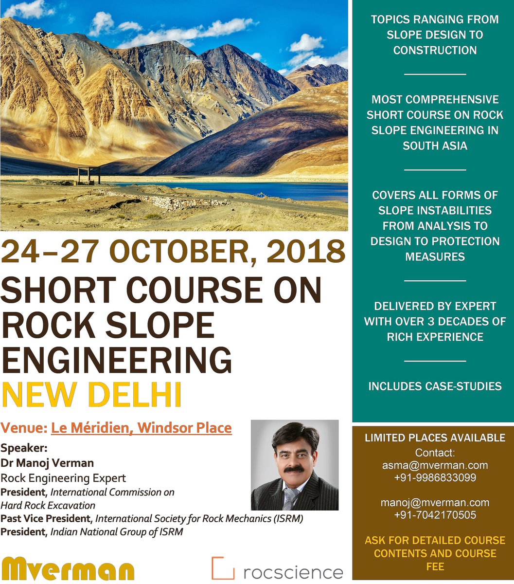 ManojVerman's tweet photo. Announcing the 2018 edition of Subcontinent's most popular Short Course on Rock Slope Engineering in New Delhi from 24th to 27th October!
#rockslopeengineering #rockslopes #rockmechanics #rockengineering #shortcourses #Mining #miningengineering #openpitmining #Construction https://t.co/5aG05fsqTl