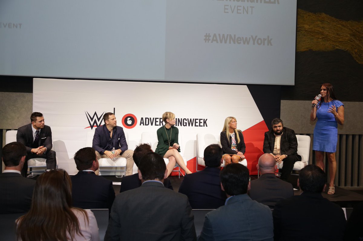StephMcMahon's tweet photo. .@WWE had the privilege of hosting its inaugural Thought Leadership Breakfast this morning at #AWNewYork. Thank you to @WWE Michelle Wilson, @Digiday Sahil Patel, @Cricketnation Tiffany Baehman &amp; @Zenith_USA Sean Reardon for your insights...and @mikethemiz, you were AWESOME😉 https://t.co/ByMMddJbeS