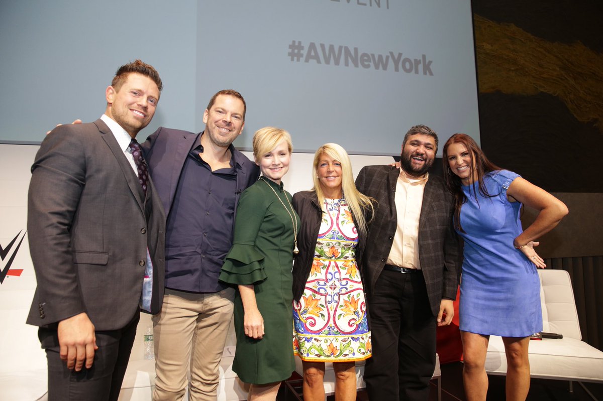 StephMcMahon's tweet photo. .@WWE had the privilege of hosting its inaugural Thought Leadership Breakfast this morning at #AWNewYork. Thank you to @WWE Michelle Wilson, @Digiday Sahil Patel, @Cricketnation Tiffany Baehman &amp; @Zenith_USA Sean Reardon for your insights...and @mikethemiz, you were AWESOME😉 https://t.co/ByMMddJbeS