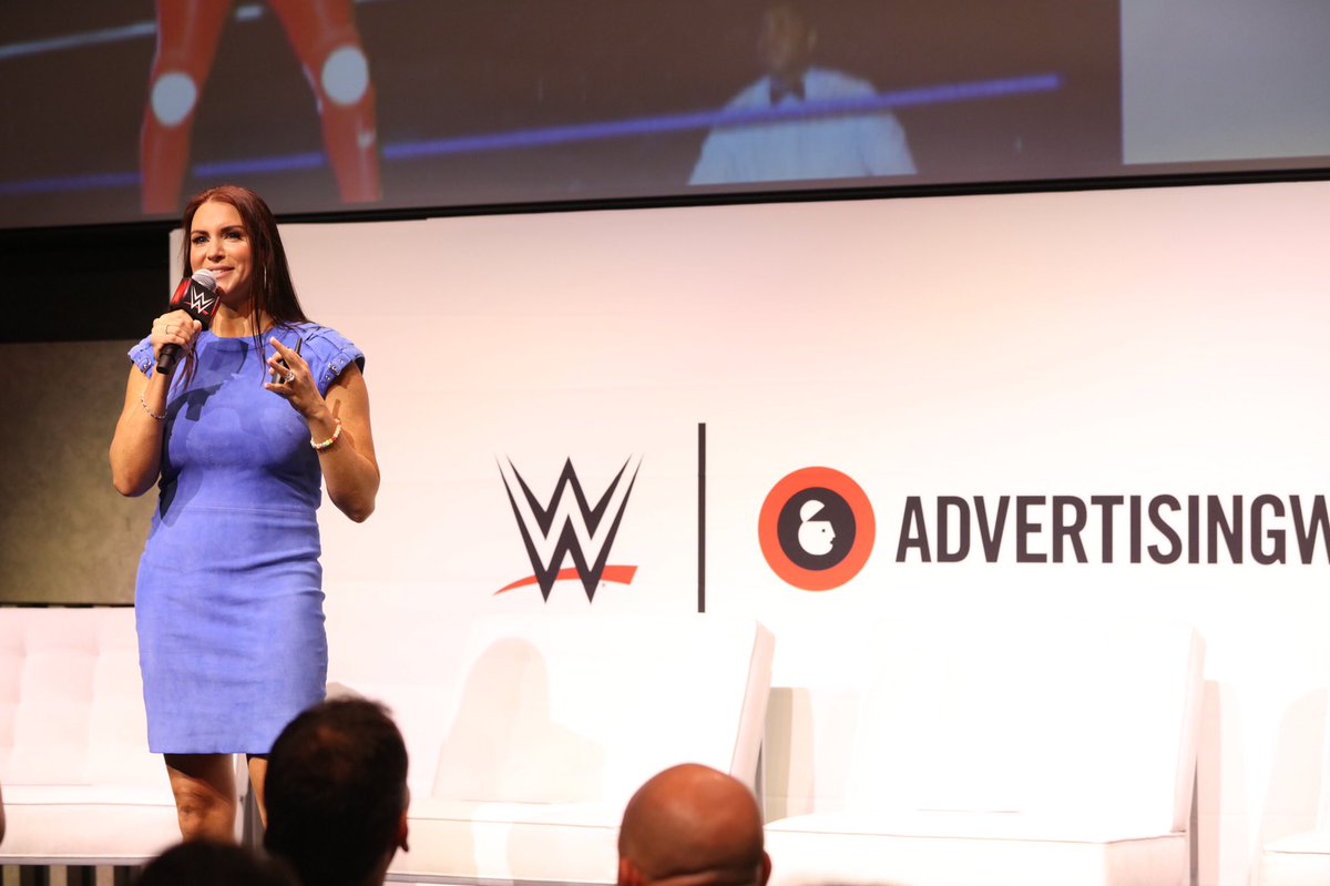 StephMcMahon's tweet photo. .@WWE had the privilege of hosting its inaugural Thought Leadership Breakfast this morning at #AWNewYork. Thank you to @WWE Michelle Wilson, @Digiday Sahil Patel, @Cricketnation Tiffany Baehman &amp; @Zenith_USA Sean Reardon for your insights...and @mikethemiz, you were AWESOME😉 https://t.co/ByMMddJbeS