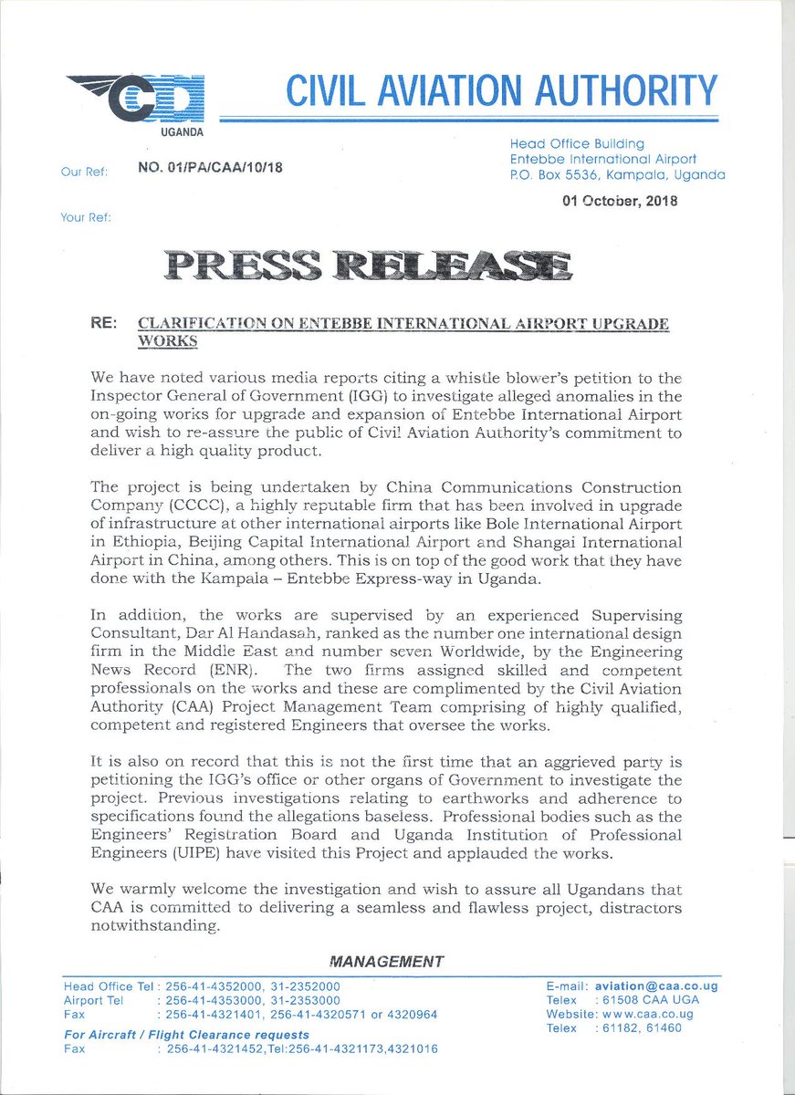 UgandaCAA's tweet photo. Here's Civil Aviation Authority clarification on Entebbe International Airport construction works @MoWT_Uganda @UgandaMediaCent
#CAAWorks #GoUWorks https://t.co/MqPhzupZyZ