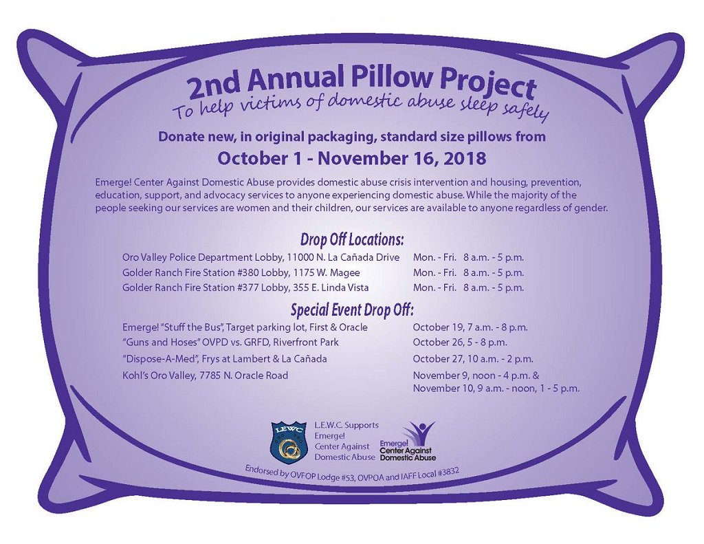 KVOA's tweet image. It's #DomesticViolenceAwarenessMonth and @EmergeTucson is holding its 2nd Annual #PillowProject. You can drop off new, standard size pillows at @OroValleyPD and @GRFDAZ kvoa.com/news/local-new…