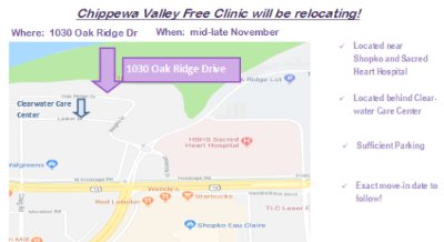 CVFC New Location!!!
 
The Free Clinic is excited to announce it’s new medical home location! Our plan is to maintain the level of care we have been providing to our patients with minimal interruption to their health care needs as we move. Maribeth Woodford, Executive Director