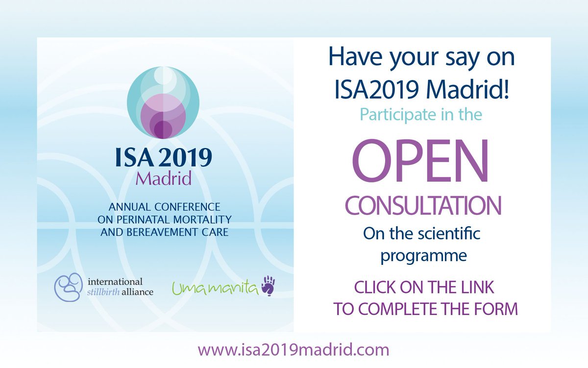 Isa2019M's tweet photo. OPEN CONSULTATION - HAVE YOUR SAY ON ISA 2019!

What topics do you think should be on ISA’s 2019 Madrid conference programme? Help us decide, click the link to complete the consultation form: 

https://t.co/FMJLuEiz2N

@Isa2019M @Umamanita @ISAStillbirth @CREStillbirth @CiaoLapo https://t.co/XZRftnwCJ5