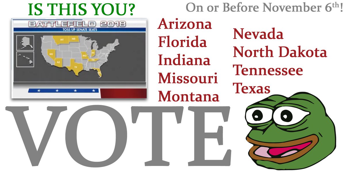 webchang's tweet photo. Battleground States #GetOutAndVote #ElectMarthaMcSally #ElectRickScott #ElectMikeBraun #ElectJoshHawley #ElectMattRosendale #ElectDeanHeller #ElectKevinCramer #ElectBergmann #ElectTedCruz https://t.co/dUQU1SJedP