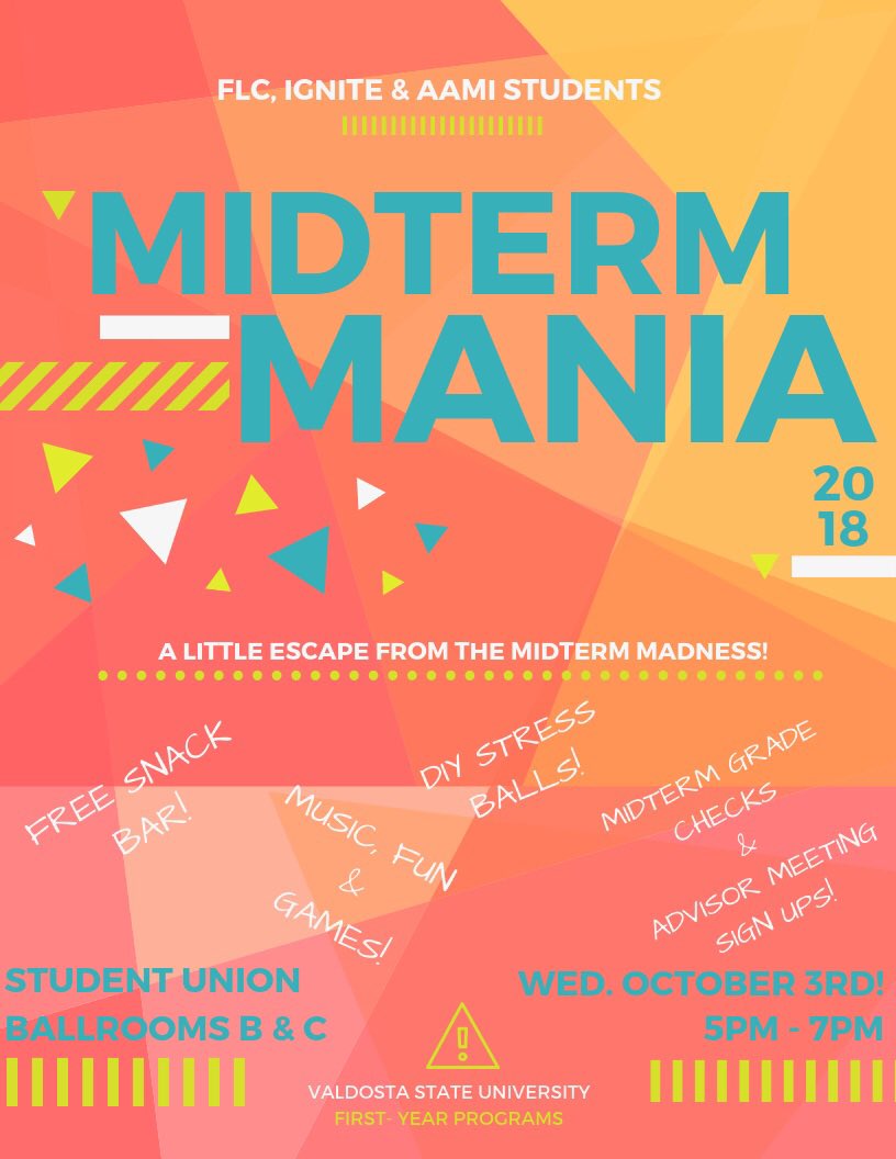 ✨Hey everybody! We hope Midterms are going well! To give you all a little break from all the craziness, we’ve planned Midterm Mania for this Wednesday from 5-7pm in the Student Union Ballrooms! There will be free food, games, and more! Hope to see y’all there!!!🎉✨#VSTATE22🔥
