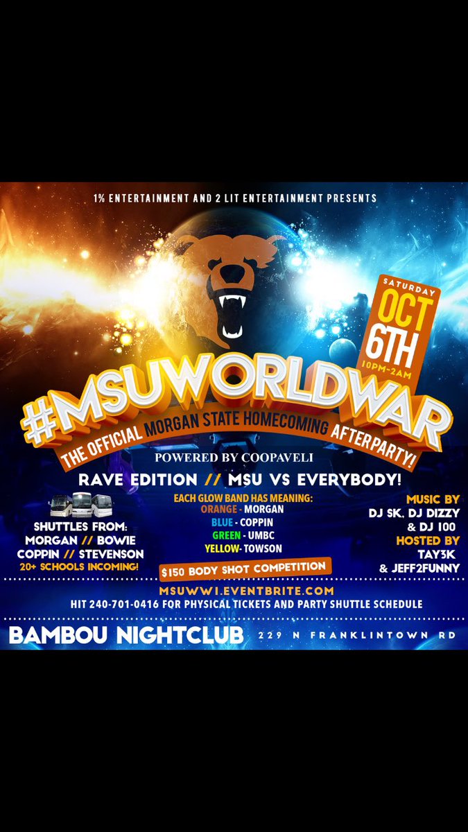 _Shannellx3's tweet photo. 🚨THE OFFICIAL MORGAN STATE HOMECOMING PARTY🚨

SAT. OCT 6th
#MSUWorldWar 

🔷🐻 #MSU VS 20 Schools 🐻🔶

Limited $10 🎟 @ 

https://t.co/aUb9aEhJRg

#MSUHC2k18 #msu22 #msu21 #msu20 #msu19 https://t.co/xaWXSr26G6