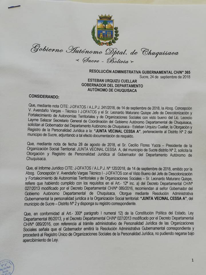 JDFATOS's tweet image. La J-DFATOS dependiente de la Secretaria General de Coordinación del G.A.D.CH  hace ENTREGA de la PERSONALIDAD JURIDICA a la "Junta Vecinal Cessa A" del 
Distrito 2 del Municipio de Sucre. Los vecinos quedaron agradecidos con el   Gobernador ESTEBAN URQUIZU CUELLAR