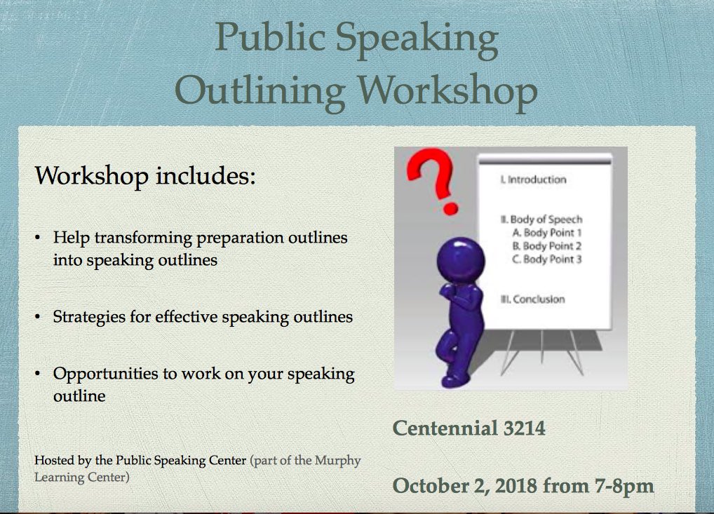 lax_psc's tweet photo. Ever get stuck when writing your speech outlines?! Join us tomorro evening for an awesome outlining workshop from 7-8pm in Centennial 3214! https://t.co/rQ2svVeA4I