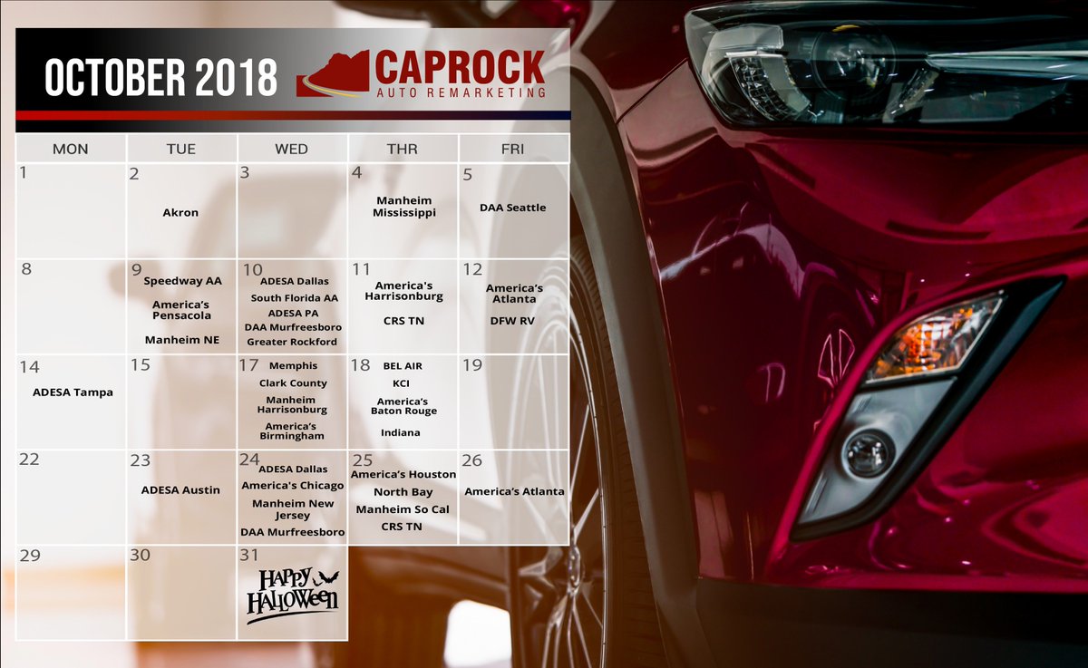 CAPROCK_Auto's tweet photo. October is here! 🎃 Check out our Auction Calendar this month 🚗 and liquidate your collateral with #CaprockAutoRemarketing #CollateralManagement #AutoRemarketing #TheInnovateCompanies #AutomotiveIndustry https://t.co/fPIgvLZSv1