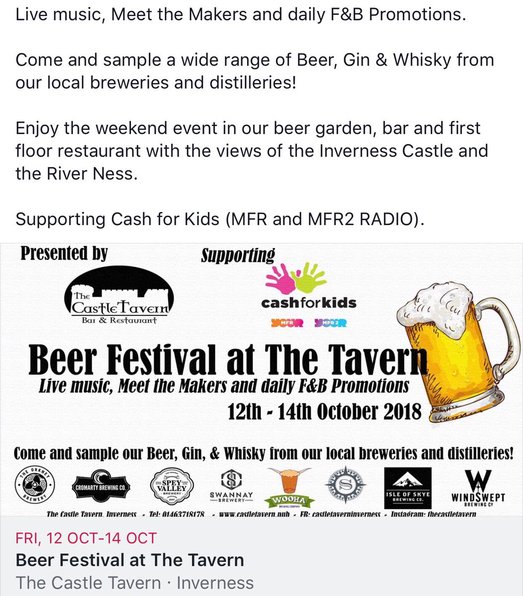 tavern_castle's tweet photo. Exciting event coming up 12 /14 #October  at @tavern_castle  with @WooHaBrewing @CromartyBrewing @Orkneybrewery @speyvalleybeers @WindsweptBeers @mfrcashforkids @MorayFirthRadio #beers #gin #whisky #meetthemakers #charityevent #goodcause https://t.co/ABxDGVLCd3