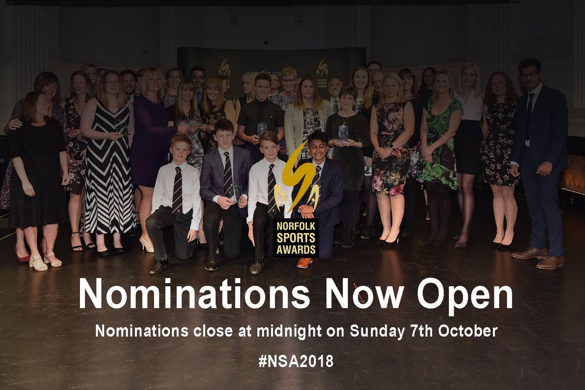 ActiveNorfolk's tweet photo. Time to Nominate Somebody Exceptional in the Norfolk Sports Awards 2018 - Nominations closes on Sun 7 October at midnight https://t.co/0VImJjls4T  #NSA2018 https://t.co/q5JS6R3JVW