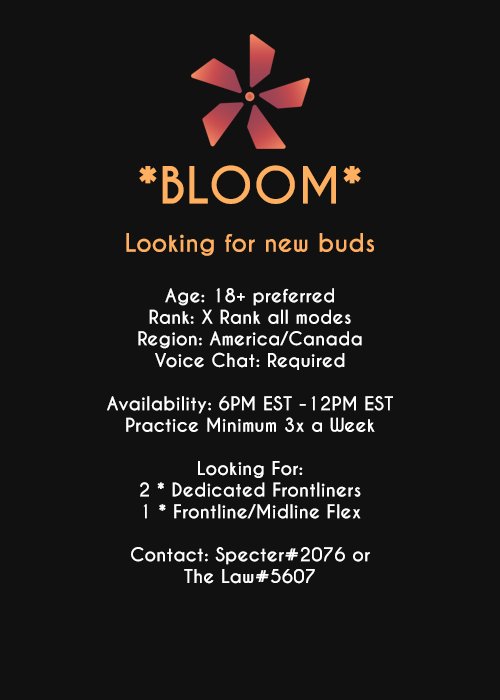 twomoonssp's tweet photo. Bloom is officially holding tryouts! We are looking for 2 Dedicated Frontliners and 1 Frontliner/Midliner Flex. 

Please read this document as to what to expect from us: https://t.co/vJcTtDF9jE

Application: https://t.co/NgUX4WQkPt

RTs are appreciated! https://t.co/DR8t80iDMZ