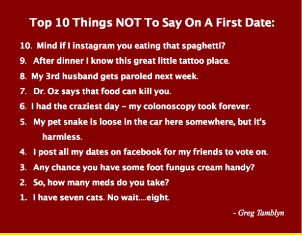To start off your week on a fun note, here are the Top Ten Things to NOT say on a #firstdate
Enjoy! #InnovativeMatch