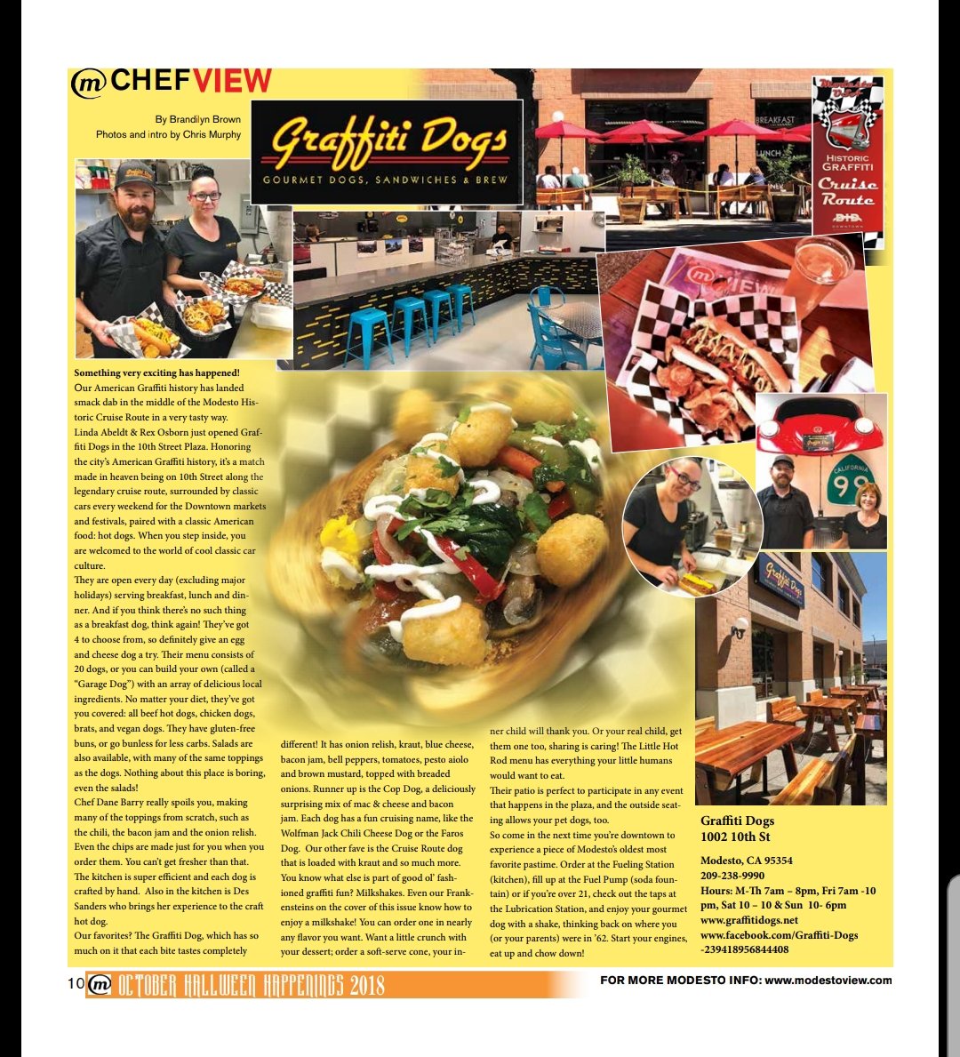 modestoview's tweet photo. Check out #chefview in the October issue of https://t.co/29Id1GS1A9 @graffitidogs is one of 30 participants in the https://t.co/SYfogWtLND tomorrow night in Downtown Modesto. https://t.co/mZHH7teLM2