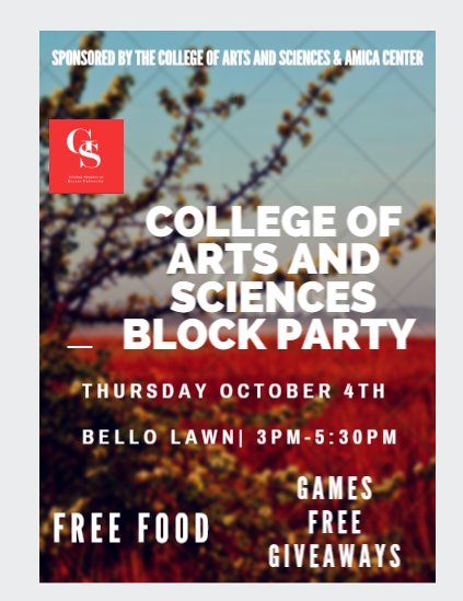 Don't miss out this Thursday <a href="/3pm/">Sexual GIF</a>! College of Arts and Sciences Block Party !😎 Free food, Free giveaways, music, games and much more!