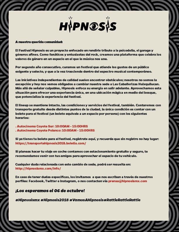 MParaVolarRadio's tweet photo. #FlashNew ¡El festival @HipnosisMX cambia de Venue!
Sab 6 Octubre
Caballerizas Huixquilucan
Habrá transporte Gratuito desde algunos puntos de la ciudadanía.
Más info en el comunicado ⬇️
#MúsicaParaVolarMx #Hipnosis2018 https://t.co/Ca96N7LAlH