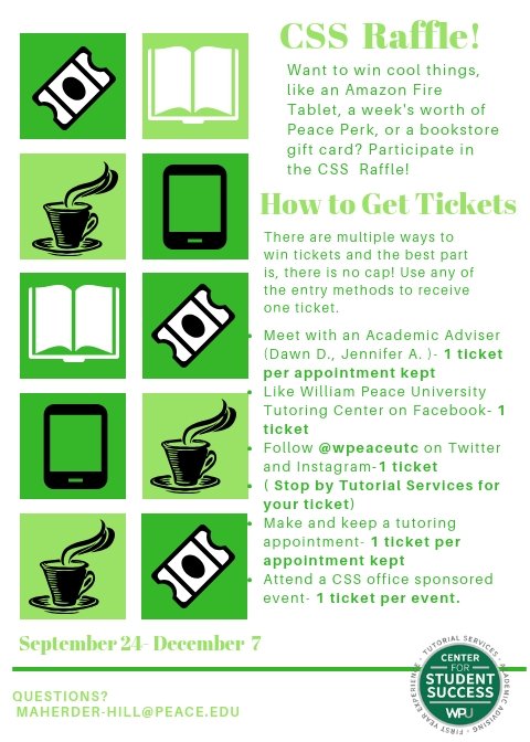 Want to win an Amazon tablet, a week's worth of Peace Perk ☕️ , or a gift card to the bookstore 📔? Well, here's your chance! Participate in the CSS Raffle! There are so many ways to get a ticket and there is no cap! @WPUStudentLife @WilliamPeaceSGA <a href="/GoPeacePacers/">Pacer Athletics</a> <a href="/WPeaceUPrez/">WPeaceUPrez</a>
