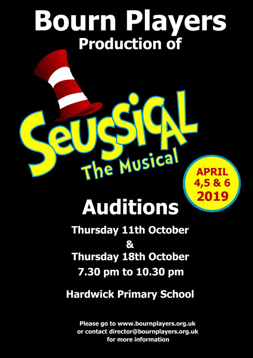 BournPlayers's tweet photo. Seussical Auditions - 11th &amp; 18th October - https://t.co/u8pfS9s9lJ https://t.co/9tjA0ek7mp