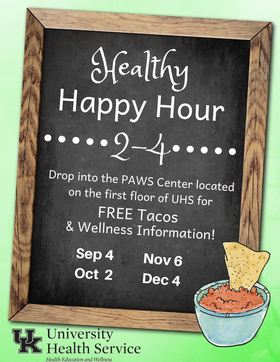UHSPaws's tweet photo. Did someone say FREE TACOS?!?! #HealthyHappyHour is tomorrow!! Stop by the PAWS Center at UHS for a #TacoTuesday treat! #StayWell #Wellnecessities https://t.co/Q7kAUxIZVK