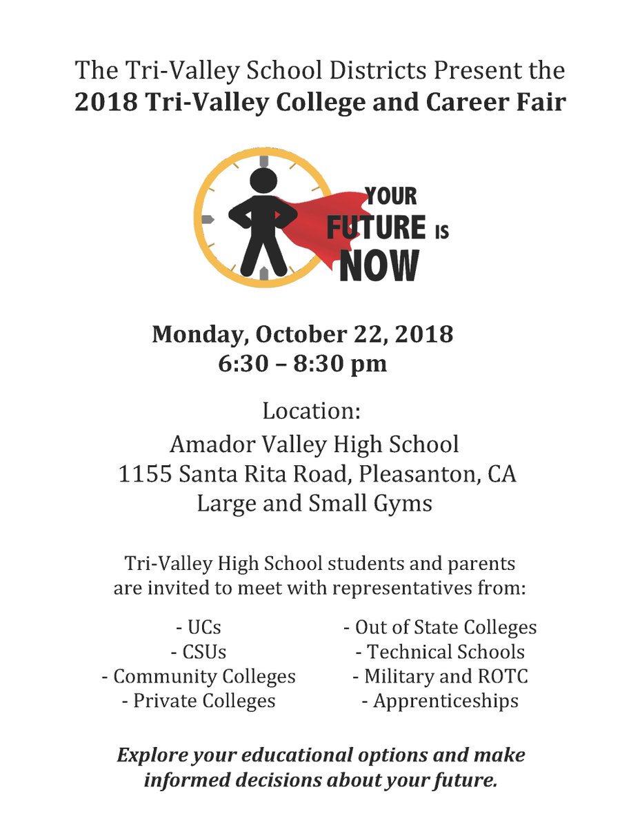 Livermoreschool's tweet photo. The Tri-Valley College &amp; Career Fair is Monday, Oct. 22 from 6:30 - 8:30 pm at Amador Valley High School. All Tri-Valley high school students and families are invited to attend to explore options for the future.
@GranadaPride @LHSCowboyNation @GHS_CCC @LHS_CCC https://t.co/bPoZ0E4VmD