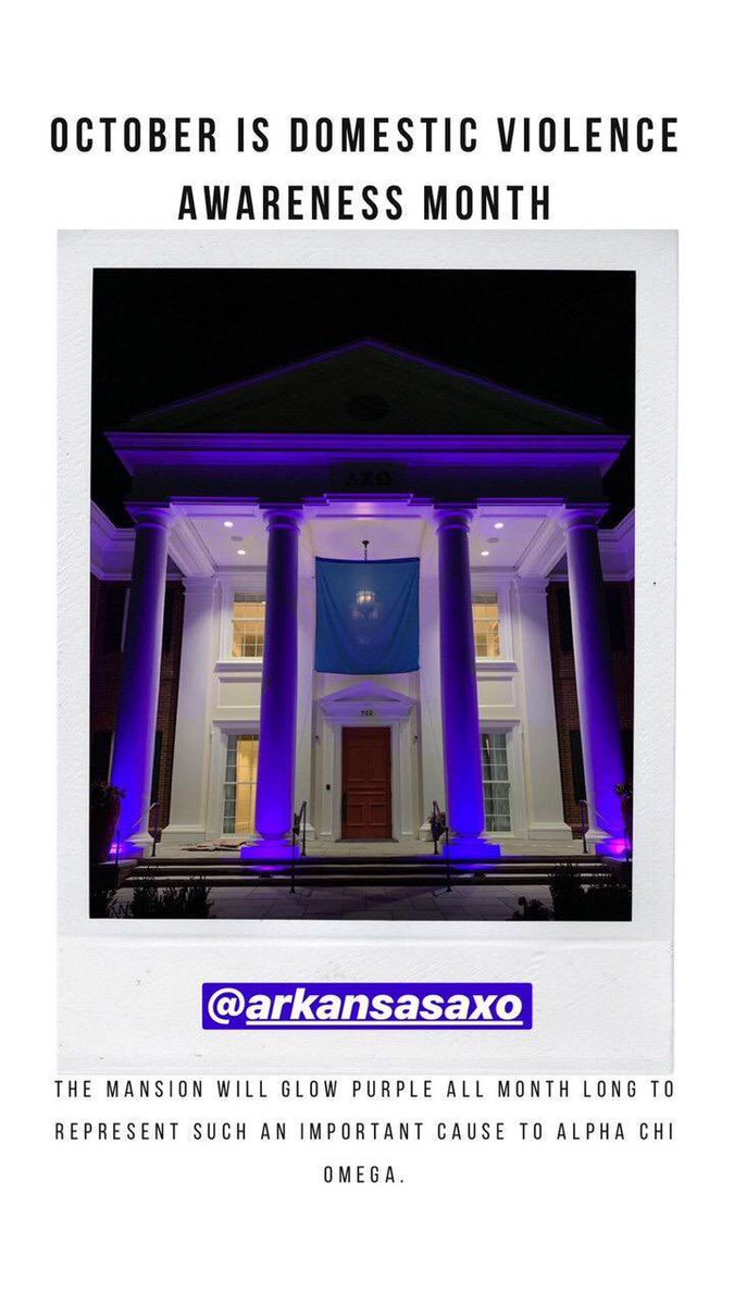 The Alpha Chi O’mansion will be glowing purple all month long to support the fight against domestic violence! Go follow our instagram to keep up with all of the events we’ve got going on this month! 💜 <a href="/AlphaChiOmegaHQ/">Alpha Chi Omega</a>