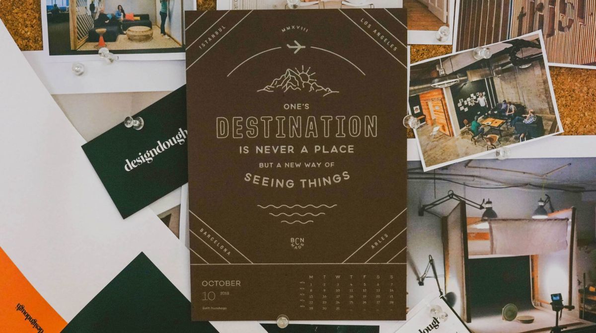 designdough's tweet photo. ONE'S
DESTINATION
IS NEVER A PLACE
BUT A NEW WAY OF
SEEING THINGS
brought to you by @iammrcup & @salihkucukaga
#designdough #inspiration #studiolife #letterpresscalendar
#lettering #typography #mrcup #handwritten
#design #type #october https://t.co/xPnowPOzA1