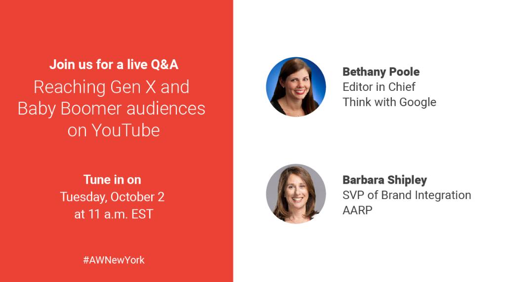 ThinkwithGoogle's tweet photo. Join our Q&amp;A tomorrow with AARP’s Barbara Shipley on how to reach Gen Xers and Baby Boomers with compelling, authentic video stories. https://t.co/4M4YbqsJtf https://t.co/k2cystdbo6