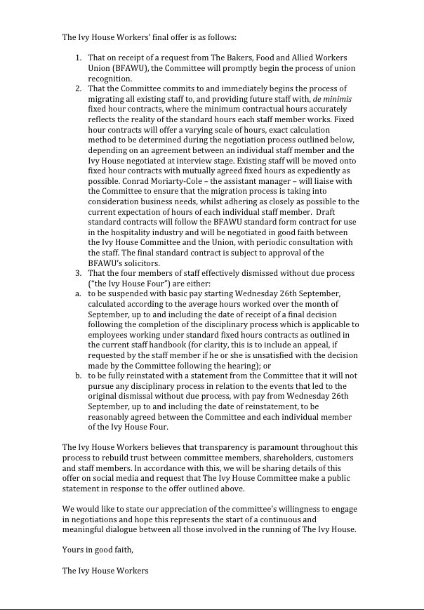 ivyhouseunion's tweet photo. The wording of our final offer to the committee of shareholders has been sent tonight with a request to meet with staff at 8am tomorrow with the hope or signing #savetheivyhouse #notozerohours #recogniseourunion #strike https://t.co/BNkTMLs3jE