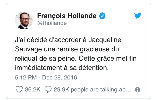 comte_gael's tweet photo. 28 décembre 2016 @fhollande accorde une grâce totale à #JacquelineSauvage #merciFH https://t.co/BcUyCGFlqz