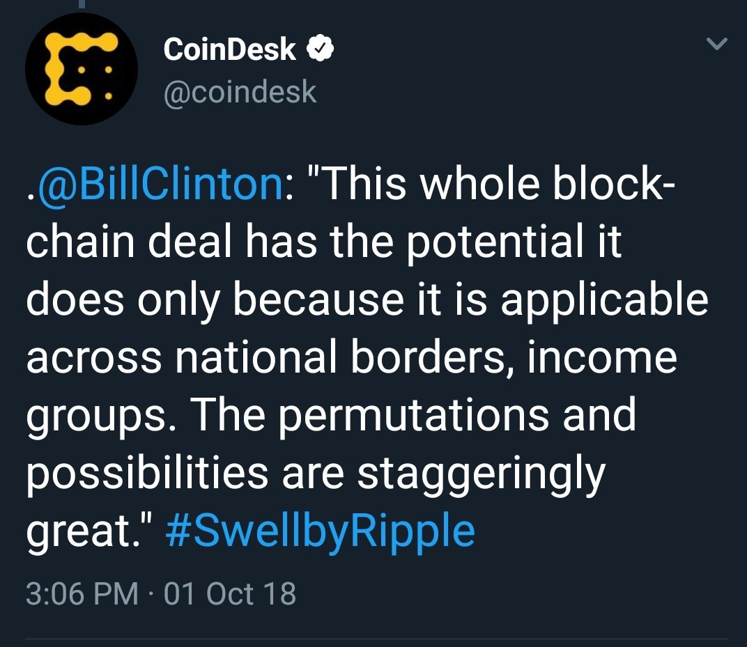 BankXRP's tweet photo. .@BillClinton: "This whole blockchain deal has the potential it does only because it is applicable across national borders, income groups. The permutations and possibilities are staggeringly great." #SwellbyRipple #xrp #ripple https://t.co/qOLcTW1zcx