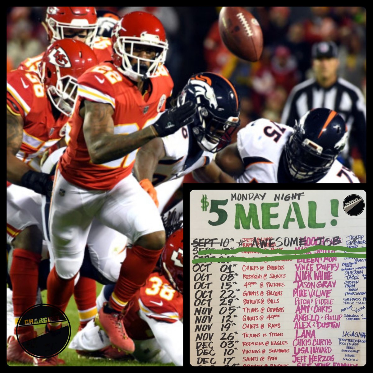 CharginsBar's tweet image. Monday Night Football is $5 Meal Night at Chargins!!

Join us for Chiefs Vs Broncos, game starts at 5:15pm food to follow!

#Chargins #NFL #5MealNight