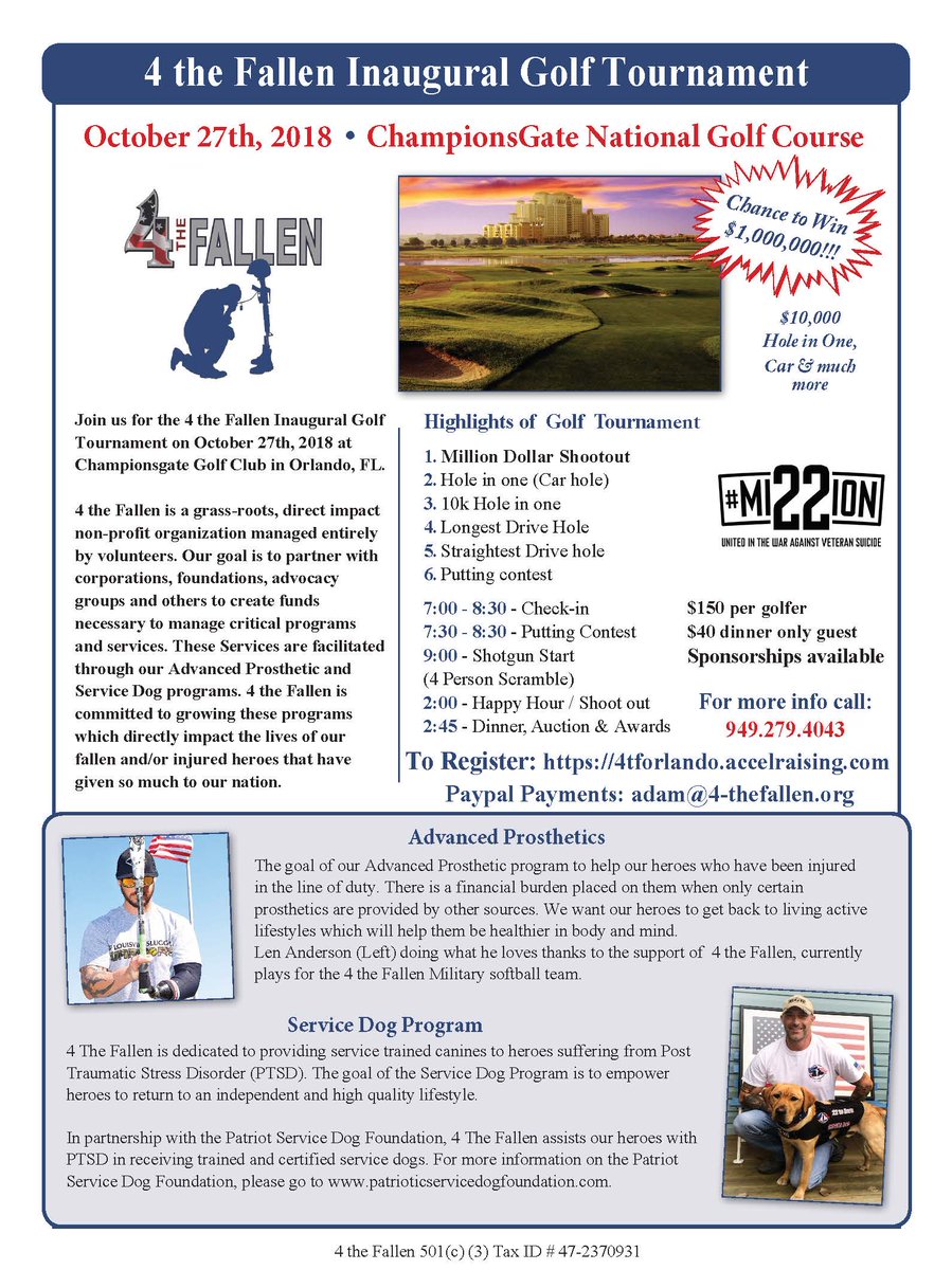 yellagator's tweet photo. Less than a month 4 the Fallen is coming to Orlando. Our charity golf tournament is for our veterans. Golfs and sponsor spots available. 27 Oct @_ChampionsGate_ #4thefallen #Orlando #veterans #golf #chrisleak #joshpray https://t.co/ntsUCXuZE1