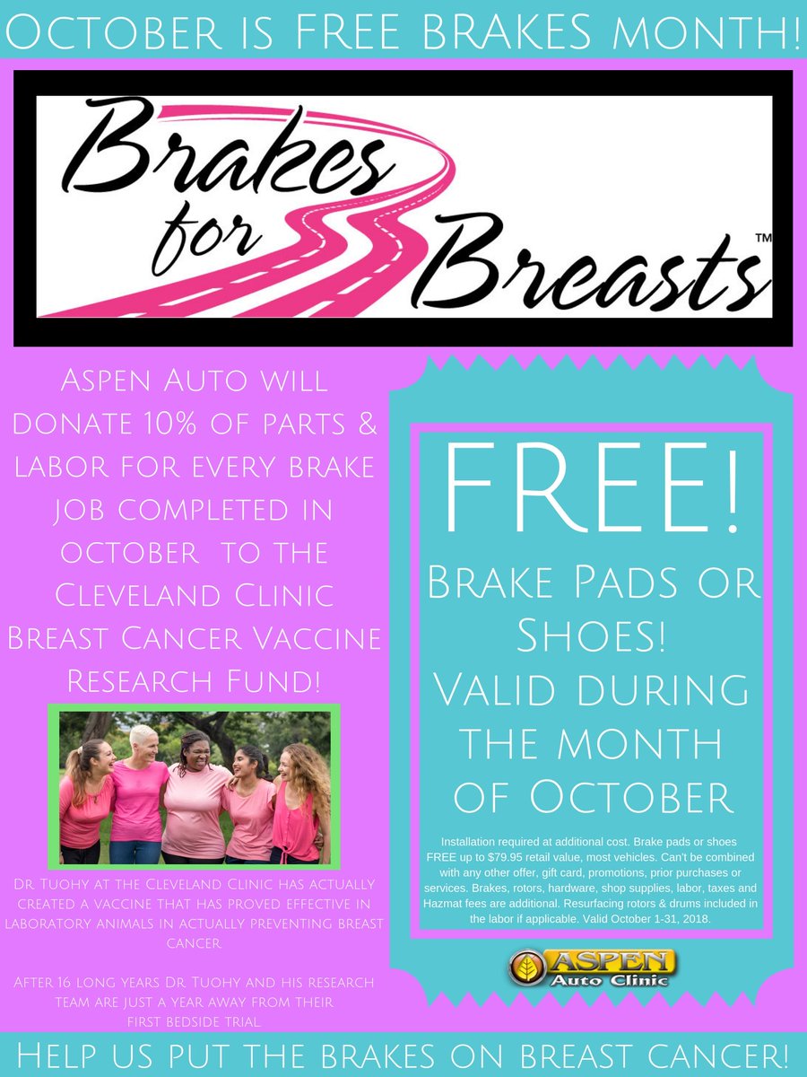 aspen_auto's tweet photo. Check your brakes, save a life. During the month of October, stop into your local Aspen Auto for a brake service and get a FREE pair of brake pads or shoes! All proceeds go to the Cleveland Clinic Breast Cancer Vaccine Research Fund. Let's pump the brakes on #BreastCancer https://t.co/B6iQKWHwyM