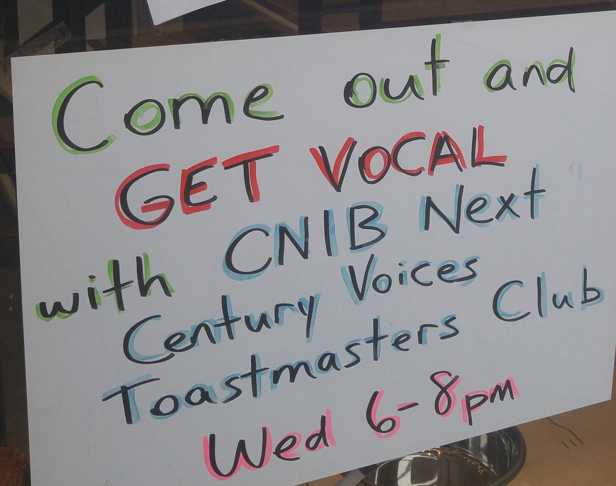 BrailleMatters's tweet photo. Come out and get vocal with CNIB Next Century Voices Toastmasters Club on Wednesday 6-8pm at #1525Yonge #cnibcommunityhub @CNIB_Ontario #Toastmasters #Toronto https://t.co/WQ5q06PLOt