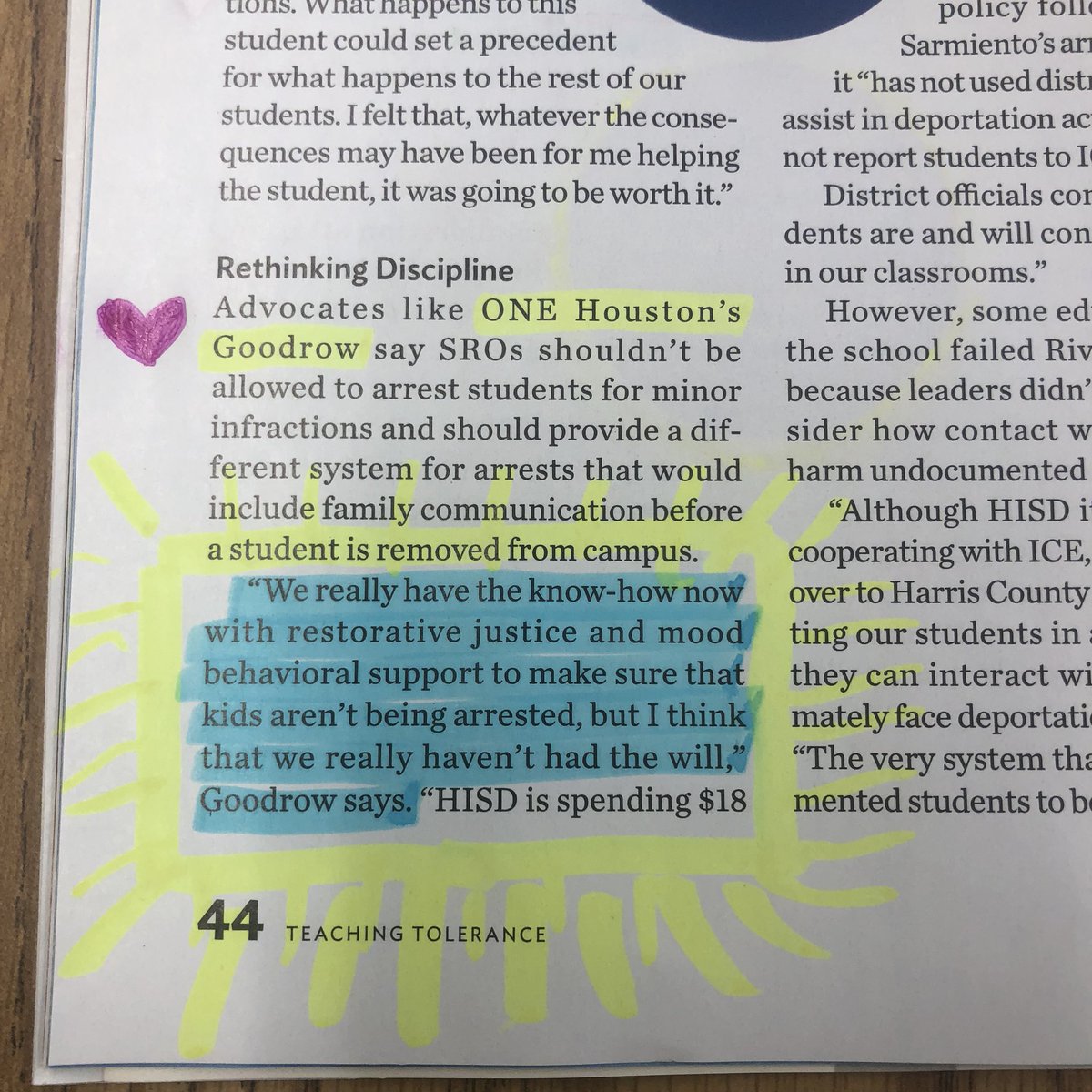 MiliLaff's tweet photo. In my campus mailbox this morning I found my copy of @Tolerance_org magazine highlighting the work @ONEHouAction is doing to fight the school-to-deportation pipeline. Thank you @catfish619, @CarolineDuble, and ONEHouston & CO for all you do for Houston students! #EdEquityHou https://t.co/8gDP62LTU7