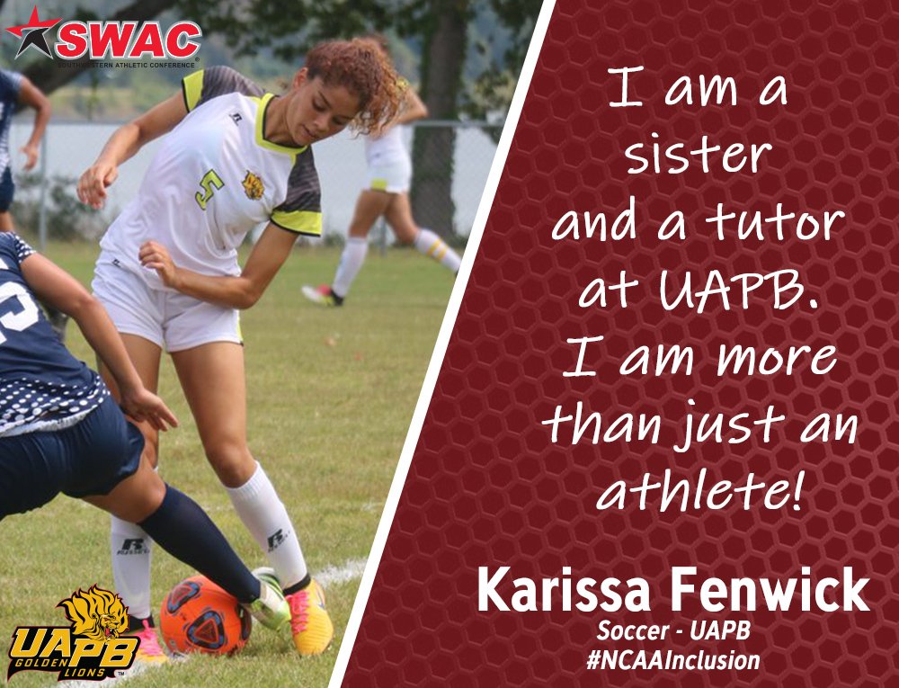 Southwestern Athletic Conference (@theswac) on Twitter photo Continuing a look at "More Than an Athlete" as part of <a href="/NCAA/">NCAA</a> Diversity & Inclusion Week, we spotlight <a href="/UAPBLionsRoar/">๐๐จ๐ฅ๐๐๐ง ๐๐ข๐จ๐ง๐ฌ ๐๐ญ๐ก๐ฅ๐๐ญ๐ข๐๐ฌ</a> senior midfielder Karissa Fenwick (@Fenwick_2), who isn't just a leader and top player on the pitch for the Lady Lions. #NCAAInclusion Continuing a look at "More Than an Athlete" as part of <a href="/NCAA/">NCAA</a> Diversity & Inclusion Week, we spotlight <a href="/UAPBLionsRoar/">๐๐จ๐ฅ๐๐๐ง ๐๐ข๐จ๐ง๐ฌ ๐๐ญ๐ก๐ฅ๐๐ญ๐ข๐๐ฌ</a> senior midfielder Karissa Fenwick (@Fenwick_2), who isn't just a leader and top player on the pitch for the Lady Lions. #NCAAInclusion